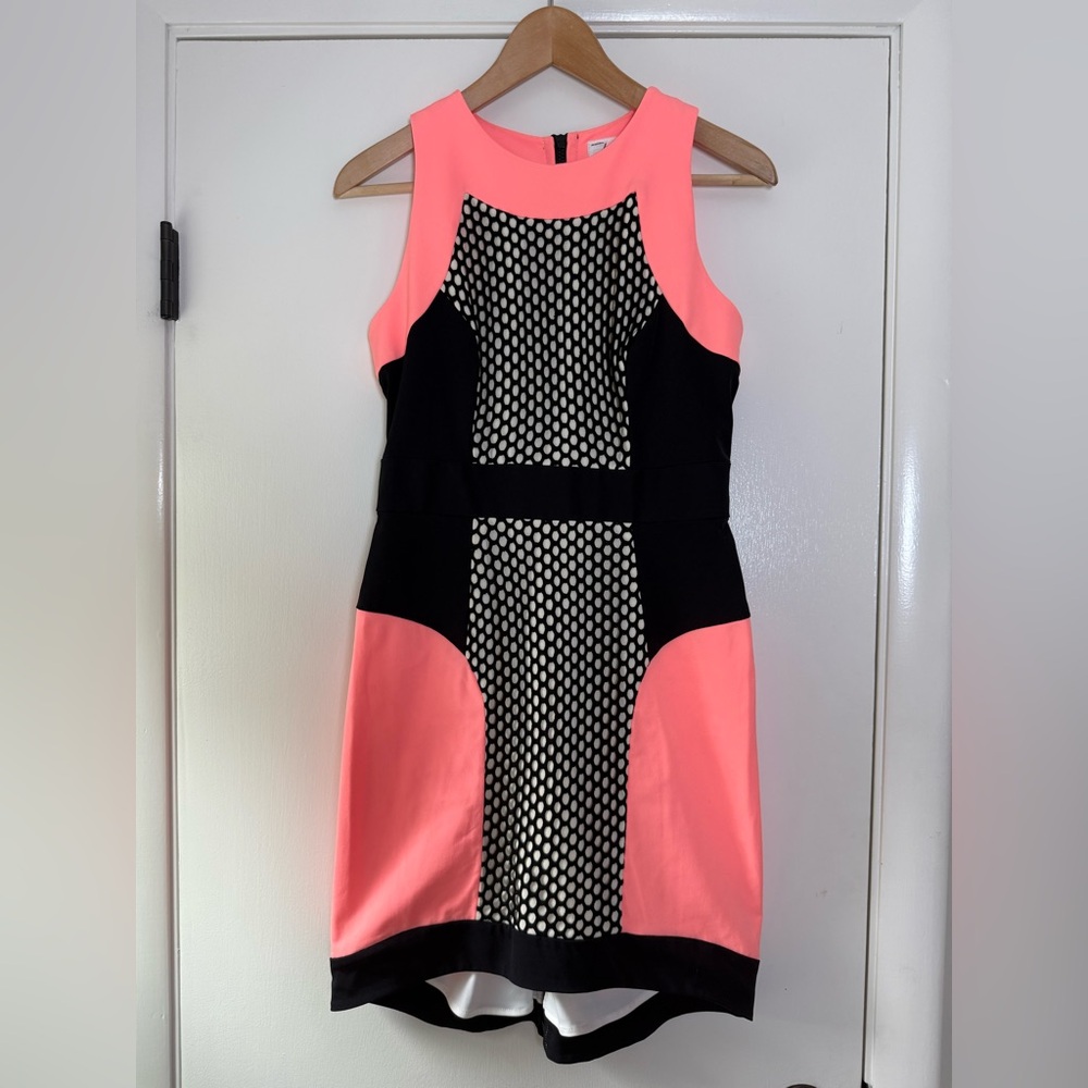 Milly New York Davina Mesh Panel Body Con Dress Neon Pink Orange Black Size 6